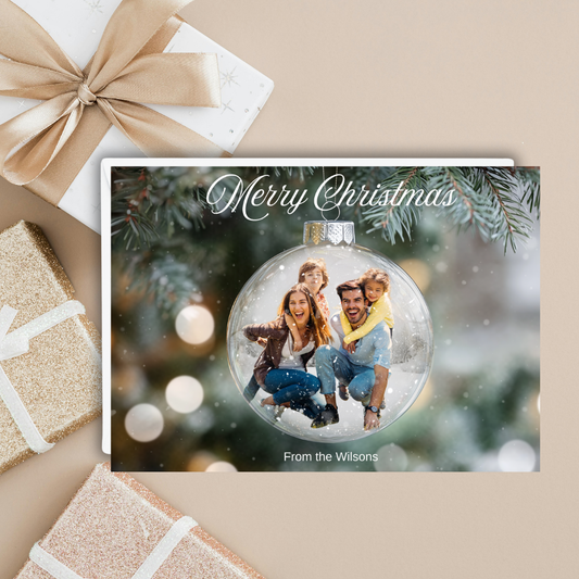 Personalized Christmas Photo Greeting Card โ 7x5 Custom Family Holiday Card in Ornament Design | One-Sided Print | Includes Envelopes | Sets of 10 or 20