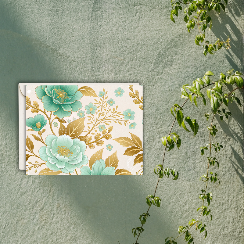 Elegant Teal & Gold Floral Notecard – Blank Inside – 5.5” x 4.25” with Envelope – Luxe Botanical Design