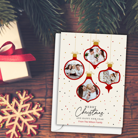 Personalized 5x7 Merry Christmas Multi-Photo Ornament Cards – Custom One-Sided Flat Holiday Card with Envelopes – Family Keepsake Design – Set of 10 or 20