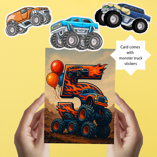 Monster Truck Birthday Card for 5-Year-Old – Includes Stickers & Envelope – 5x7 Blank Greeting Card