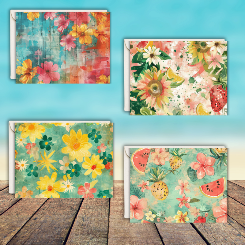 Tropical Floral Notecard Set – Pack of 8 Blank 5.5" x 4.25" Cards with Envelopes – Bright Fruit & Flower Designs