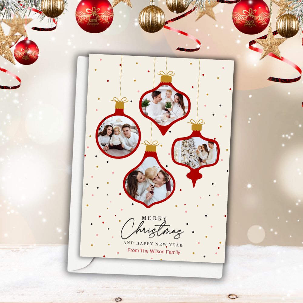 Personalized 5x7 Merry Christmas Multi-Photo Ornament Cards – Custom One-Sided Flat Holiday Card with Envelopes – Family Keepsake Design – Set of 10 or 20