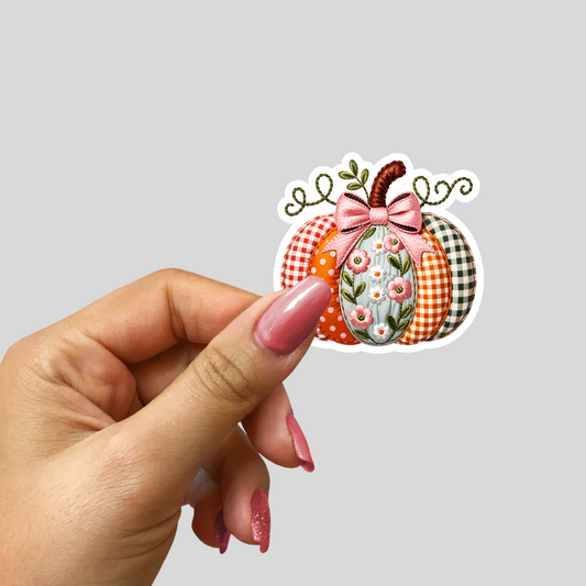 Patchwork Pumpkin with Bow Waterproof Sticker – 3x3 Inch