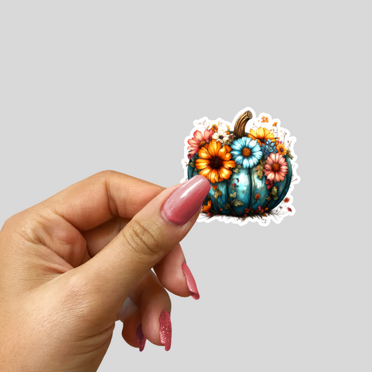 Blue Pumpkin with Bright Florals Waterproof Sticker – 3x3 Inch