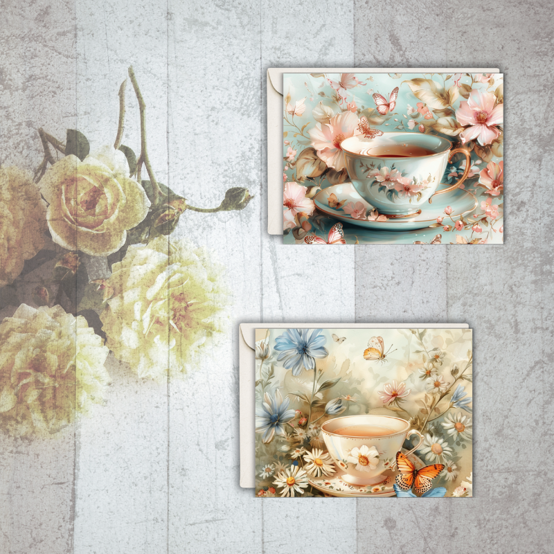 Tea & Tranquility Notecard Set – Pack of 4 Vintage Teacup Greeting Cards