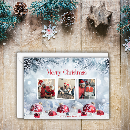 Personalized 7x5 Merry Christmas Multi-Photo Cards with Envelopes – Custom Family Holiday Card with Frosted Pine & Ornament Design – One-Sided Flat Cards – Set of 10 or 20