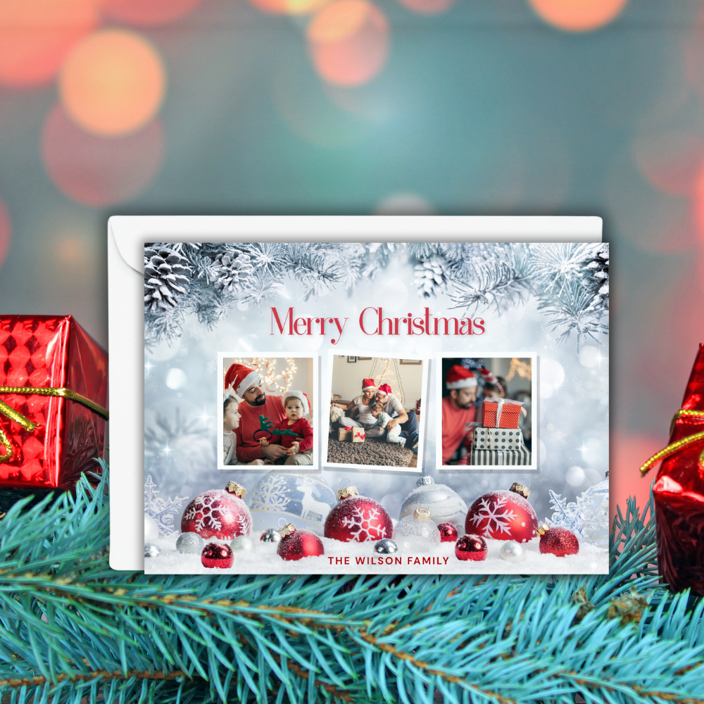 Personalized 7x5 Merry Christmas Multi-Photo Cards with Envelopes – Custom Family Holiday Card with Frosted Pine & Ornament Design – One-Sided Flat Cards – Set of 10 or 20