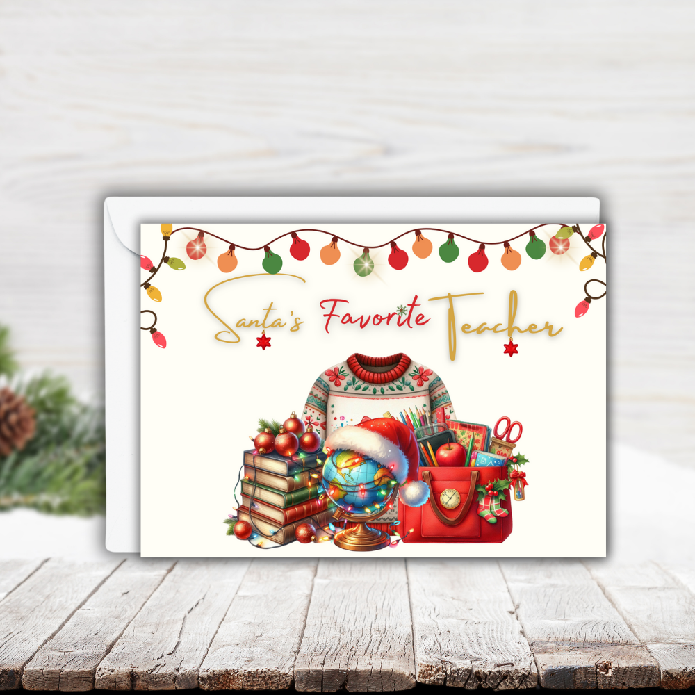 Santa’s Favorite Teacher Christmas Card | 7x5 Holiday Greeting Card with Envelope | Christmas Card for Teachers