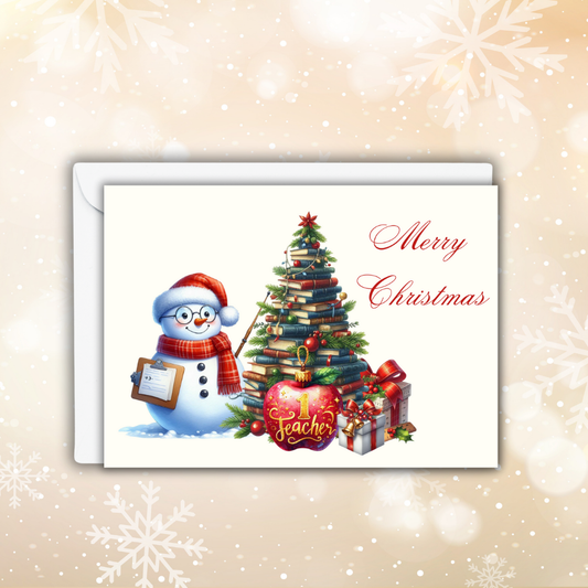 #1 Teacher Christmas Card | 7x5 Merry Christmas Greeting Card for Teachers | Holiday Card with Snowman and Book Tree