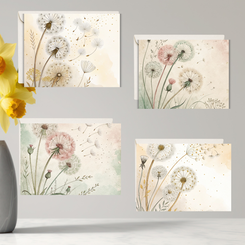 Whispers of Wishes Dandelion Notecard Set – 4 Blank Cards with Envelopes
