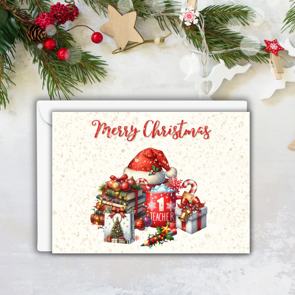 π Merry Christmas Teacher Greeting Card β 7x5 Holiday Card with Envelope | Christmas Card for Teachers | Festive Educator Appreciation Card