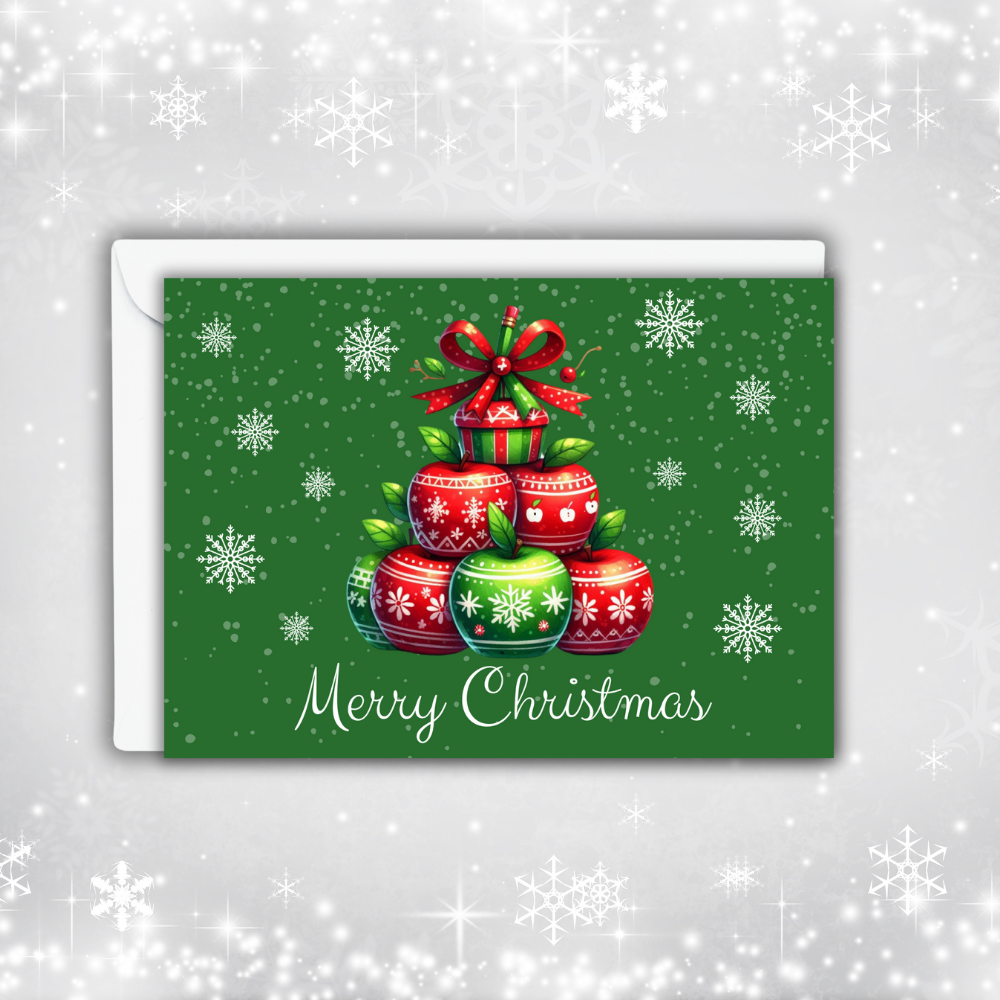 ChatGPT said: π Merry Christmas Apple Stack Greeting Card β 7x5 Holiday Card with Envelopes | Teacher Christmas Card | Festive Green & Red Ornament Design