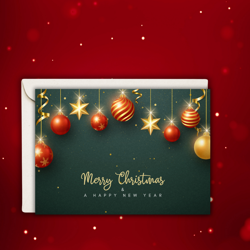 Merry Christmas & Happy New Year Greeting Card – Red & Gold Ornaments (Optional Custom Inside Message)