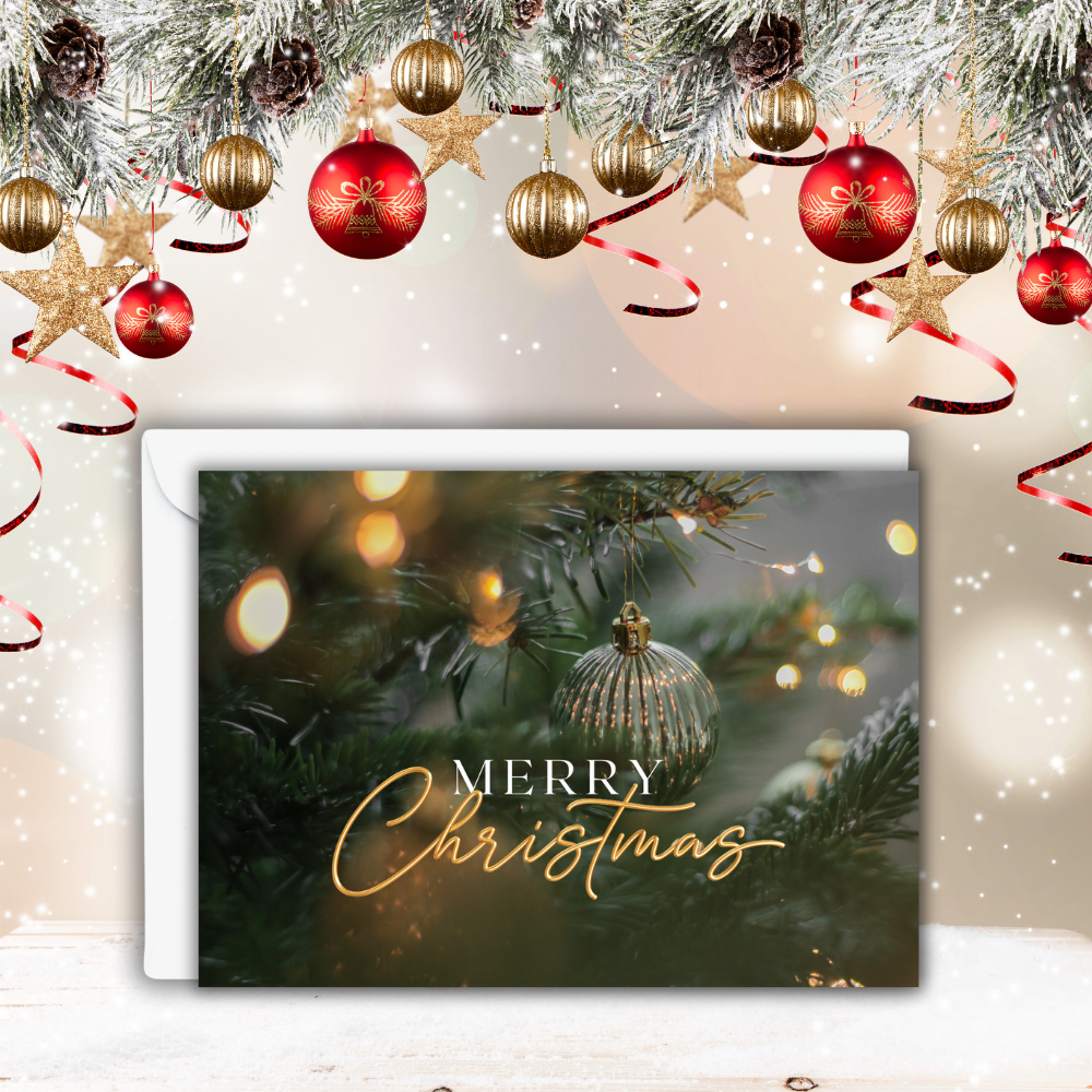 Merry Christmas Evergreen Ornament Greeting Card – Custom Inside Message (Optional)