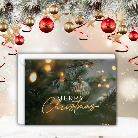 Merry Christmas Evergreen Ornament Greeting Card β Custom Inside Message (Optional)