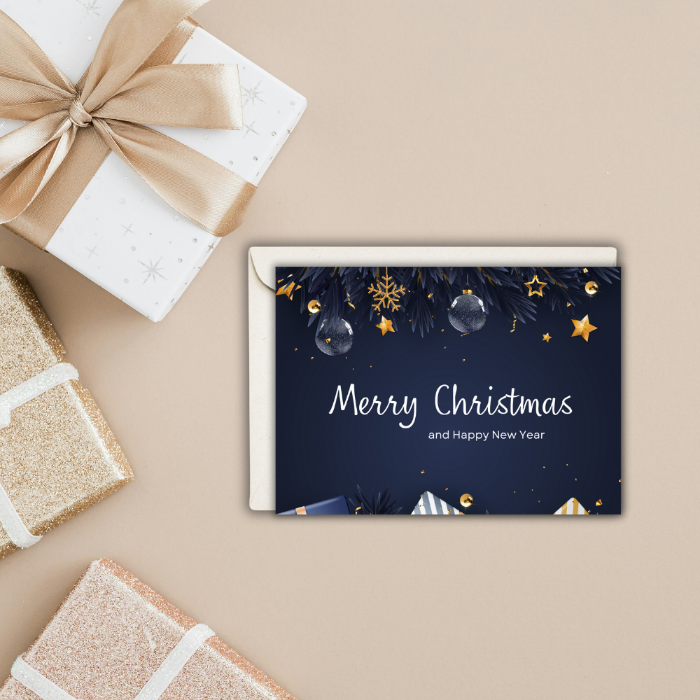 Merry Christmas & Happy New Year – Navy & Gold Glossy Greeting Card (Customization Optional)