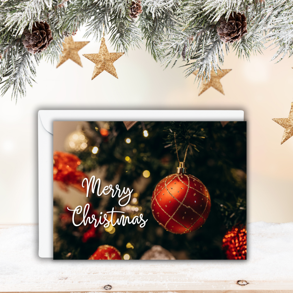 Merry Christmas – Red Ornament Glossy Greeting Card (Customization Optional)