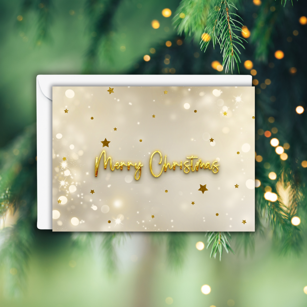 Merry Christmas – Champagne Gold Stars Glossy Greeting Card (Customization is Optional)