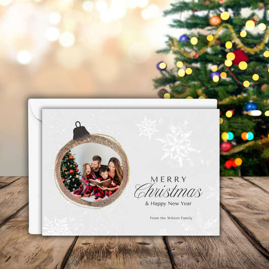 Personalized Merry Christmas Photo Card – 7x5 One-Sided Flat Holiday Card with Envelopes – Custom Family Photo Ornament Design – Set of 10 or 20