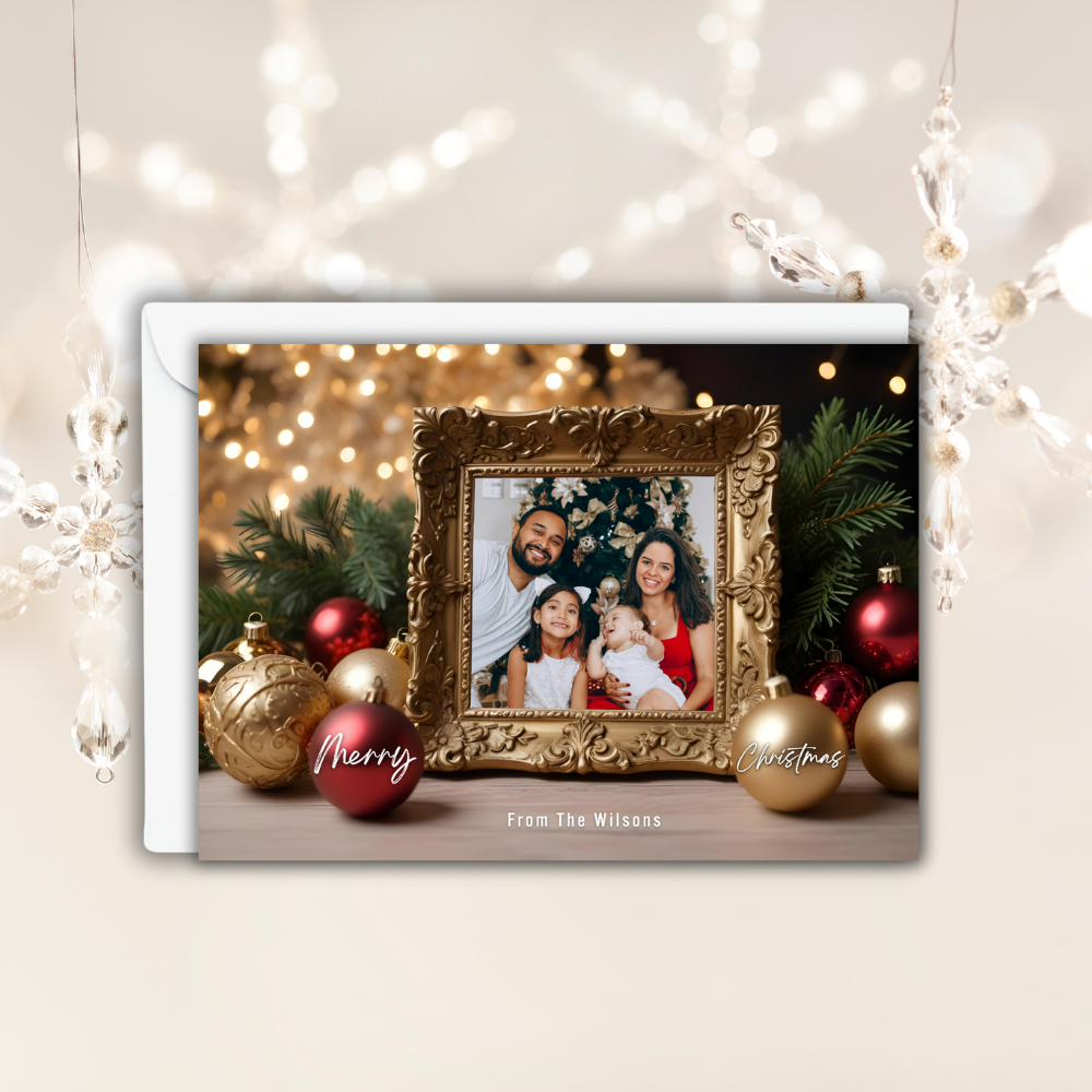 Personalized 7x5 Merry Christmas Gold Frame Photo Card – Custom One-Sided Flat Holiday Card with Envelopes – Elegant Ornament Design – Set of 10 or 20