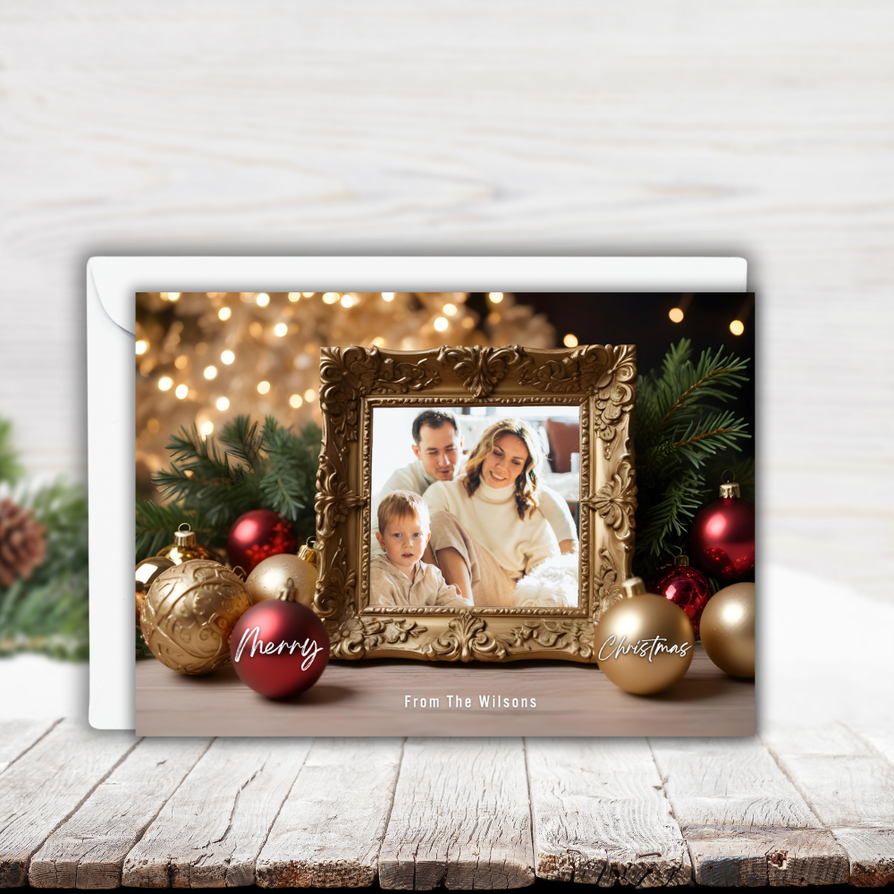 Personalized 7x5 Merry Christmas Gold Frame Photo Card – Custom One-Sided Flat Holiday Card with Envelopes – Elegant Ornament Design – Set of 10 or 20