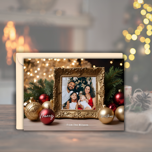 Personalized 7x5 Merry Christmas Gold Frame Photo Card – Custom One-Sided Flat Holiday Card with Envelopes – Elegant Ornament Design – Set of 10 or 20