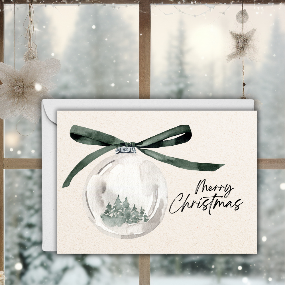 Watercolor Ornament Christmas Card | 7x5 Merry Christmas Greeting with Envelope | Minimalist Holiday Card