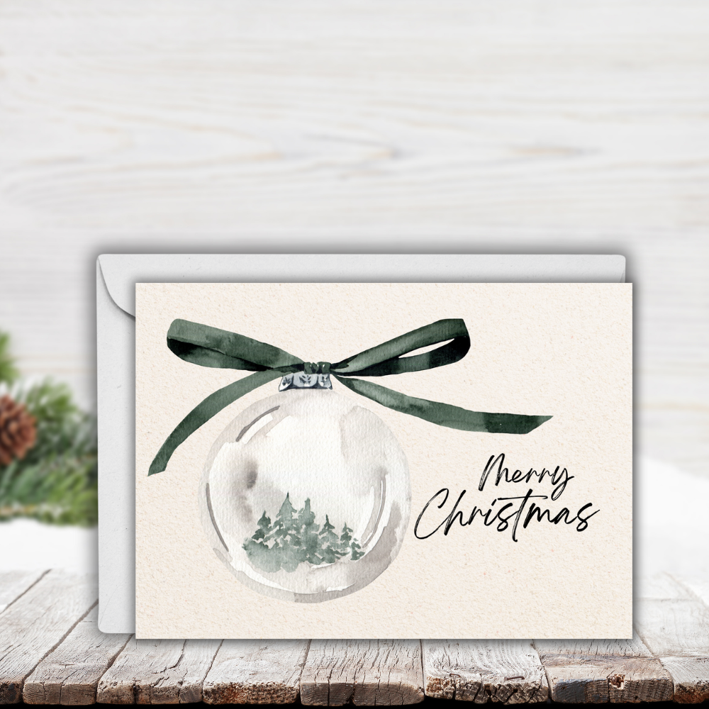 Watercolor Ornament Christmas Card | 7x5 Merry Christmas Greeting with Envelope | Minimalist Holiday Card