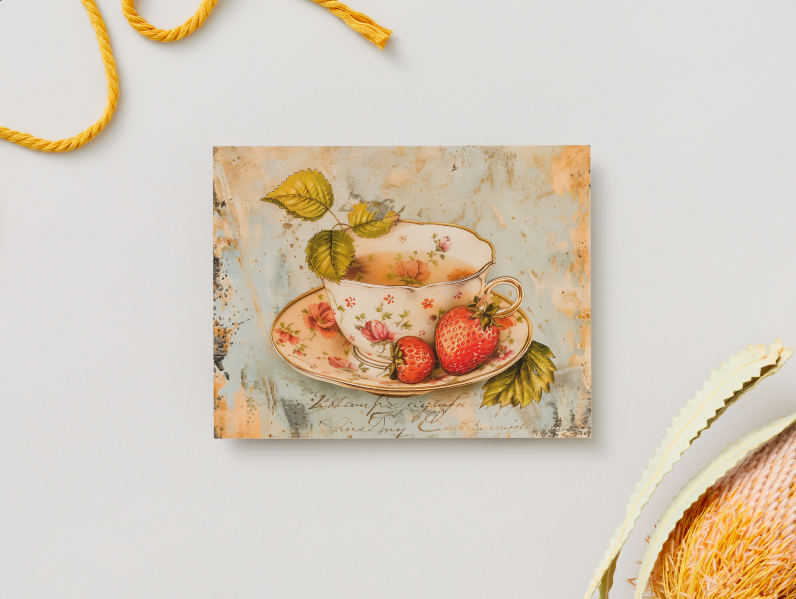 Strawberry Tea Cup Notecard Set - Pack of 4