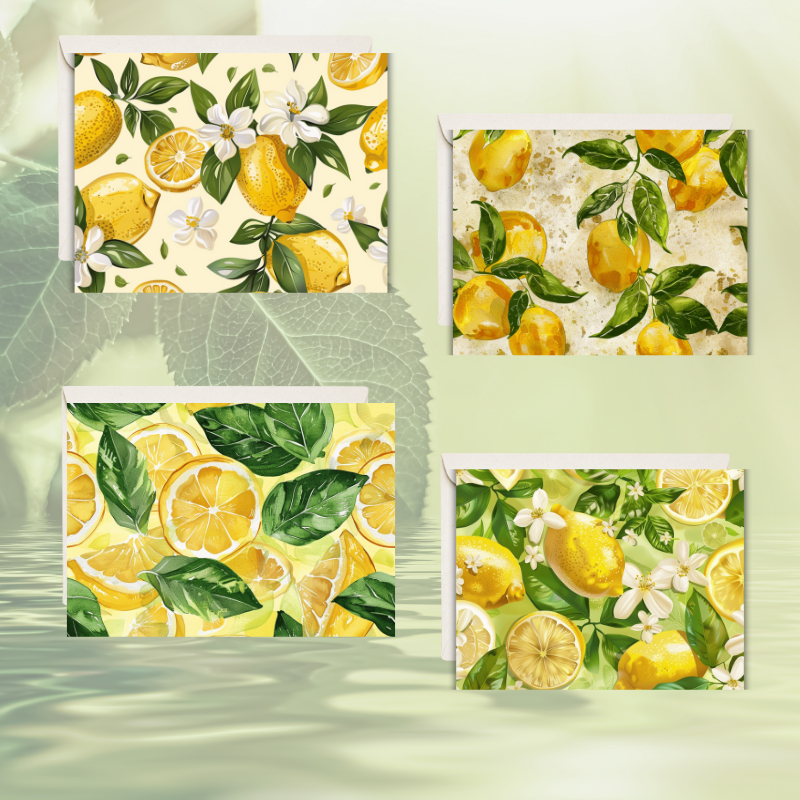 π Lemon Notecard Set β Pack of 4 Blank Greeting Cards with Envelopes β 5.5x4.25" β Fresh Lemon Watercolor Designs