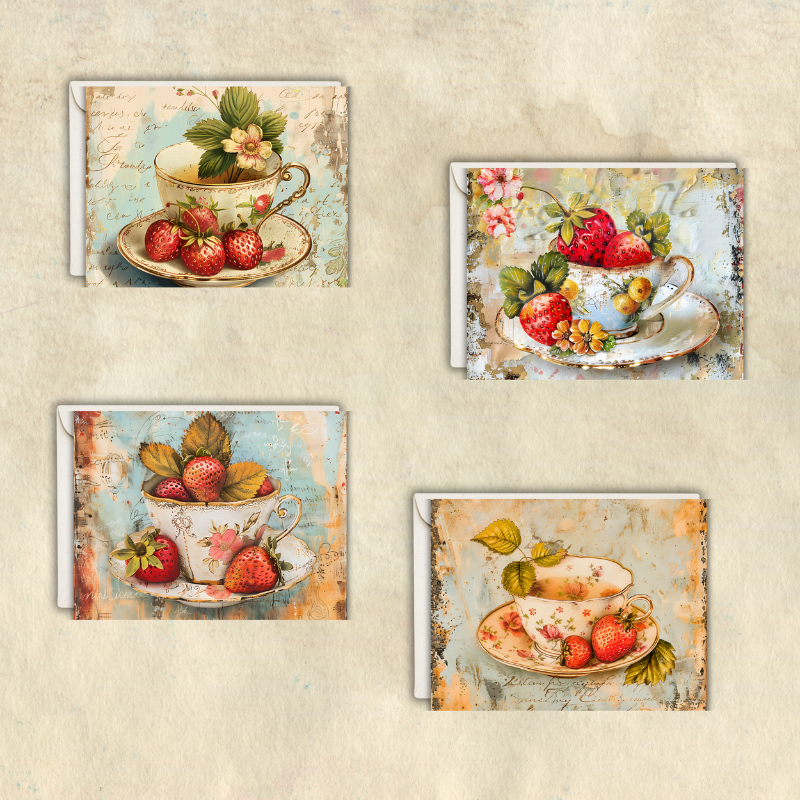 Strawberry Tea Cup Notecard Set - Pack of 4