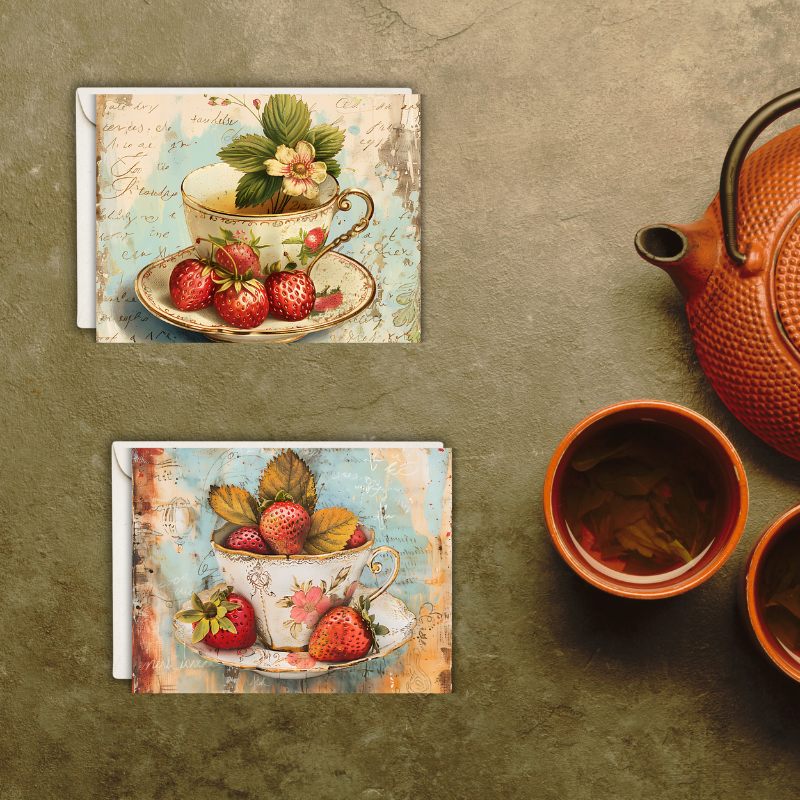 Strawberry Tea Cup Notecard Set - Pack of 4
