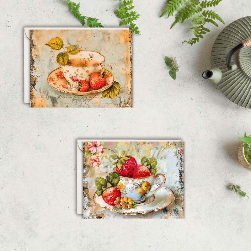 Strawberry Tea Cup Notecard Set - Pack of 4