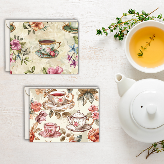 Elegant Vintage Tea Set Notecards - Set of 4