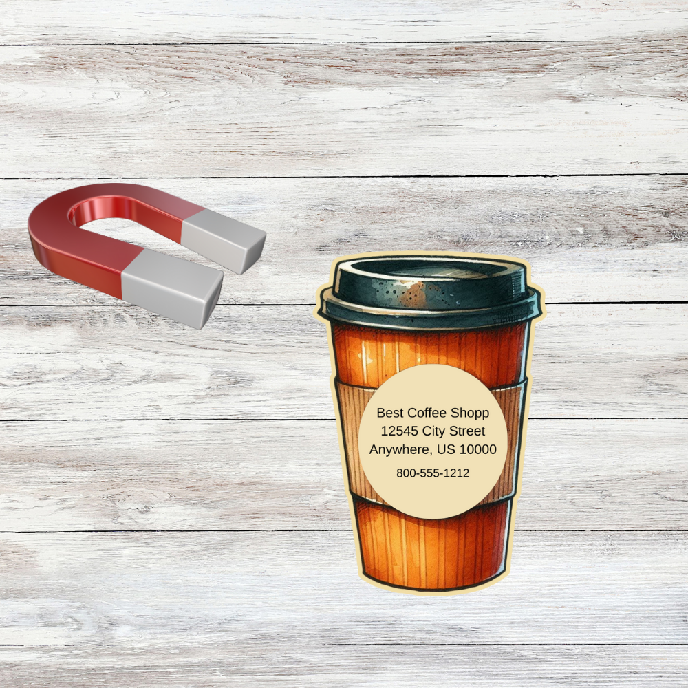 Custom Coffee Cup Magnet Business Cards – Unique Die-Cut Design for Cafés, Bakeries & Coffee Lovers