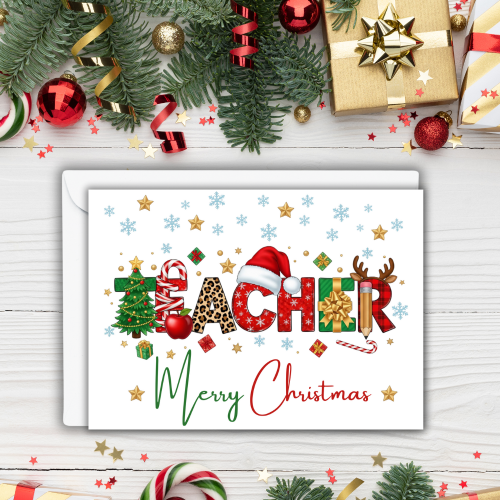 Teacher Merry Christmas Greeting Card – 7x5 Holiday Card with Envelope | Festive Teacher Appreciation Card | Christmas Card for Educators