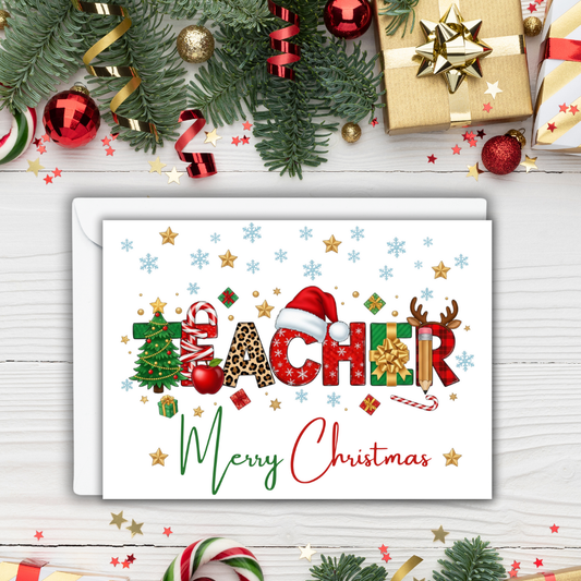 Teacher Merry Christmas Greeting Card – 7x5 Holiday Card with Envelope | Festive Teacher Appreciation Card | Christmas Card for Educators