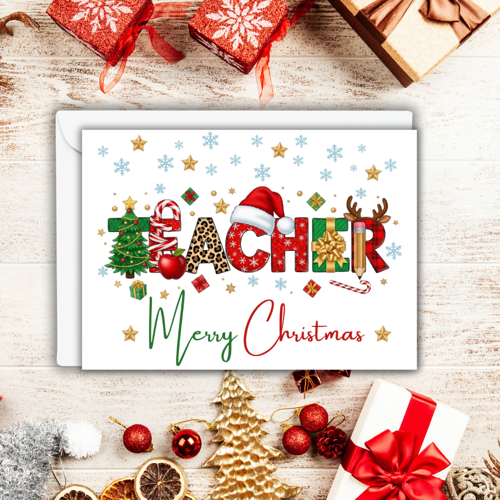 Teacher Merry Christmas Greeting Card – 7x5 Holiday Card with Envelope | Festive Teacher Appreciation Card | Christmas Card for Educators