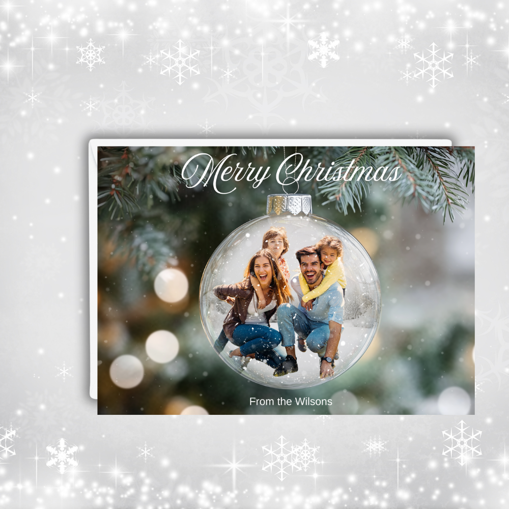 Personalized Christmas Photo Greeting Card – 7x5 Custom Family Holiday Card in Ornament Design | One-Sided Print | Includes Envelopes | Sets of 10 or 20