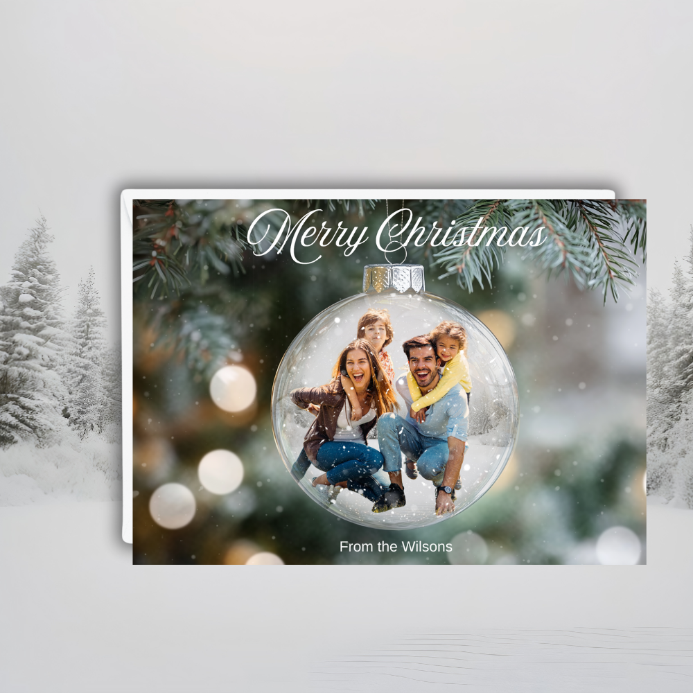 Personalized Christmas Photo Greeting Card – 7x5 Custom Family Holiday Card in Ornament Design | One-Sided Print | Includes Envelopes | Sets of 10 or 20