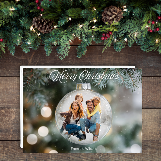 Personalized Christmas Photo Greeting Card – 7x5 Custom Family Holiday Card in Ornament Design | One-Sided Print | Includes Envelopes | Sets of 10 or 20