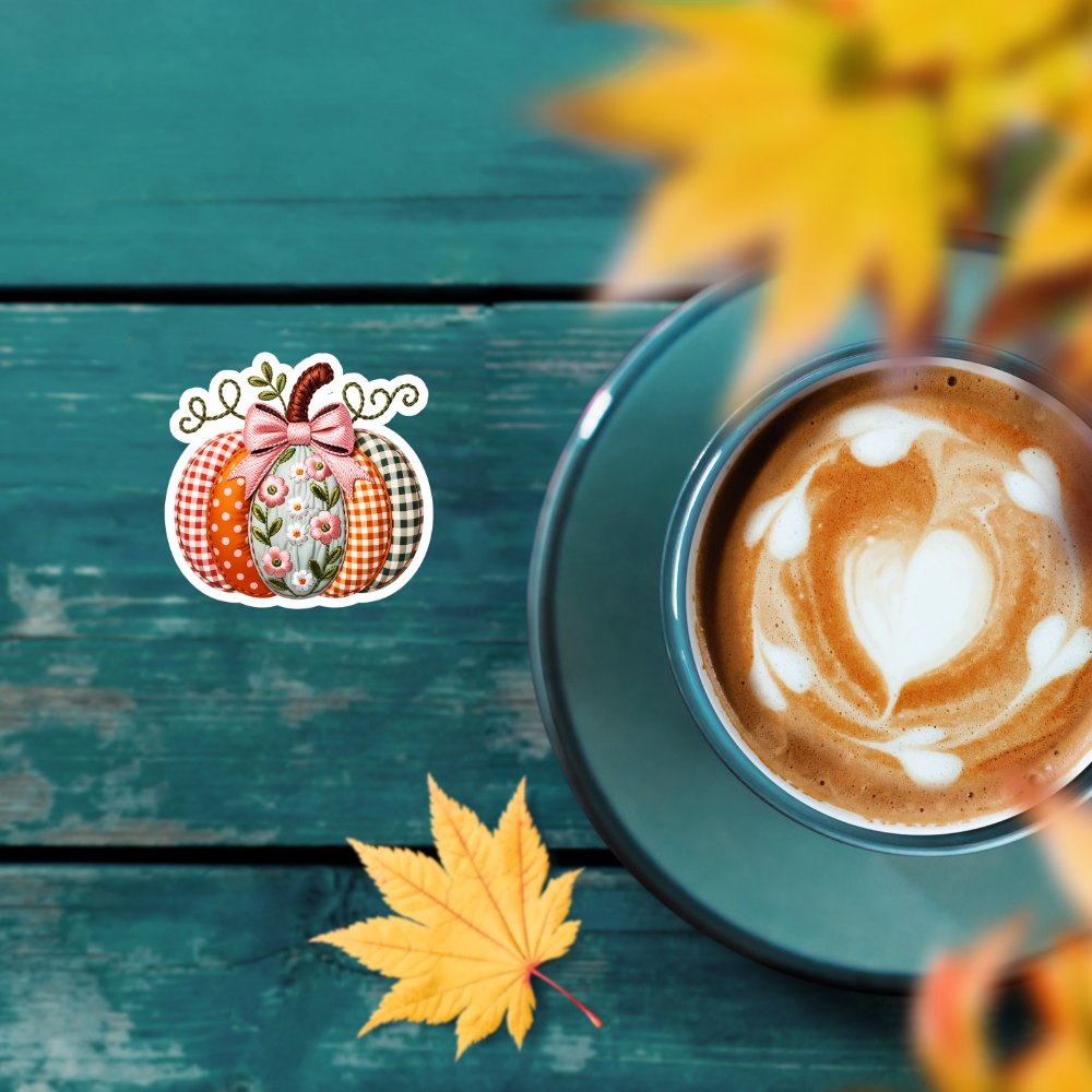 Patchwork Pumpkin with Bow Waterproof Sticker – 3x3 Inch