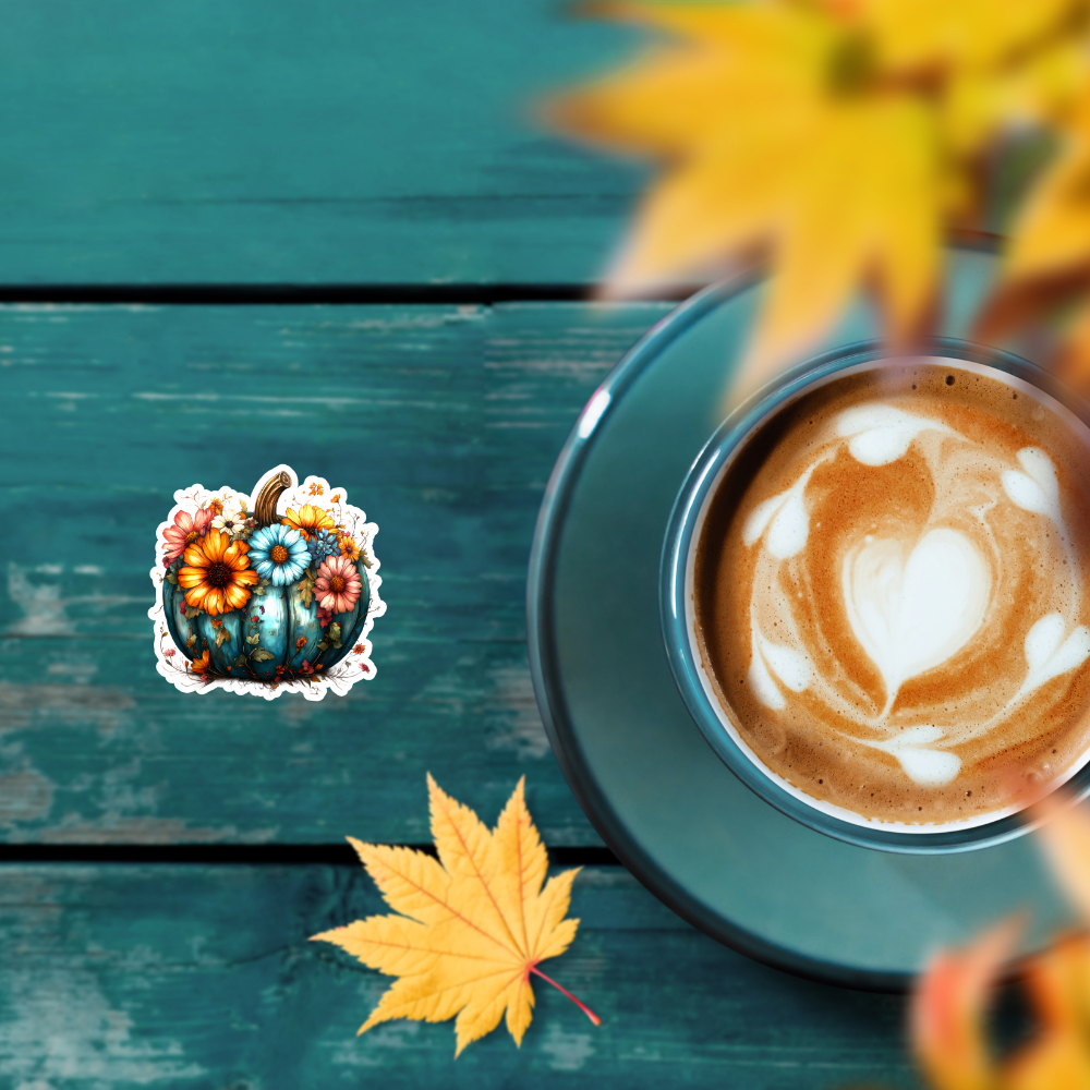 Blue Pumpkin with Bright Florals Waterproof Sticker – 3x3 Inch