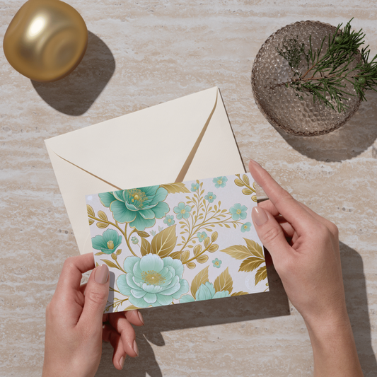 Elegant Teal & Gold Floral Notecard – Blank Inside – 5.5” x 4.25” with Envelope – Luxe Botanical Design