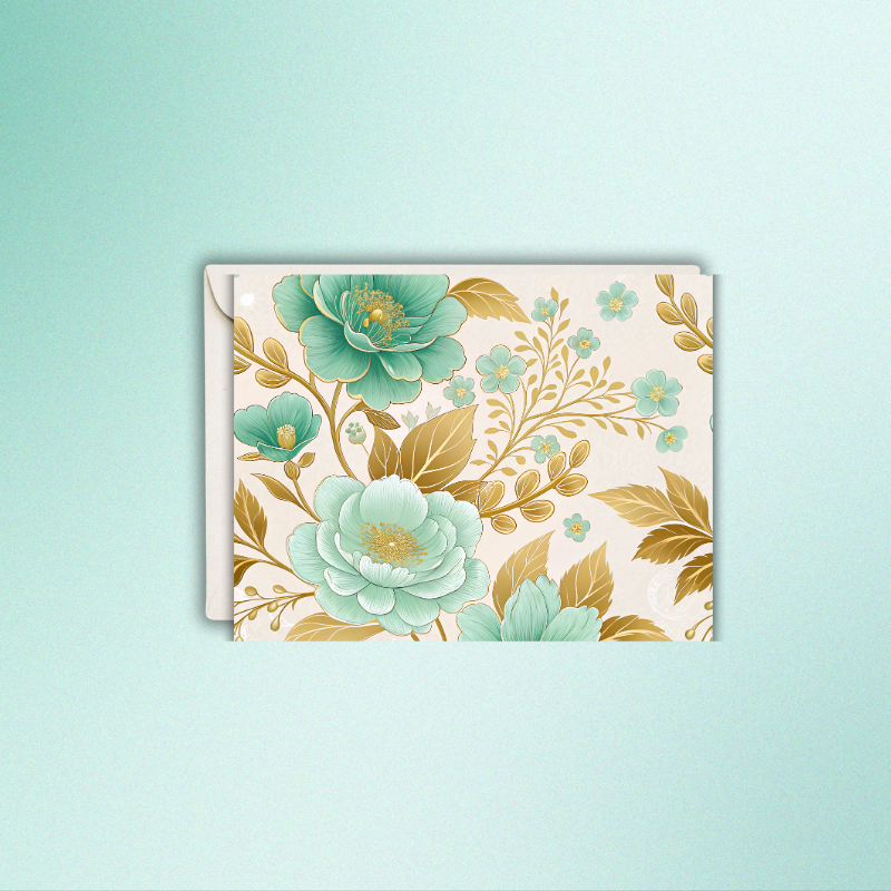 Elegant Teal & Gold Floral Notecard – Blank Inside – 5.5” x 4.25” with Envelope – Luxe Botanical Design
