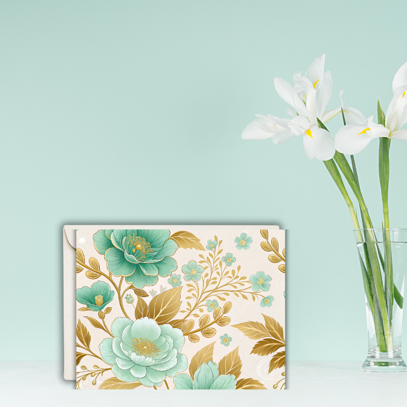Elegant Teal & Gold Floral Notecard – Blank Inside – 5.5” x 4.25” with Envelope – Luxe Botanical Design