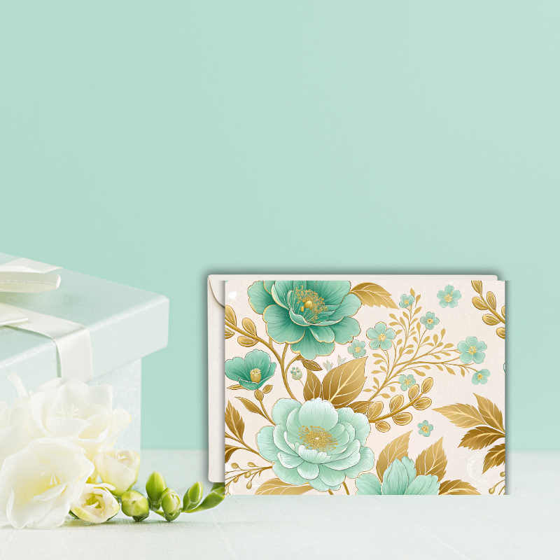 Elegant Teal & Gold Floral Notecard – Blank Inside – 5.5” x 4.25” with Envelope – Luxe Botanical Design