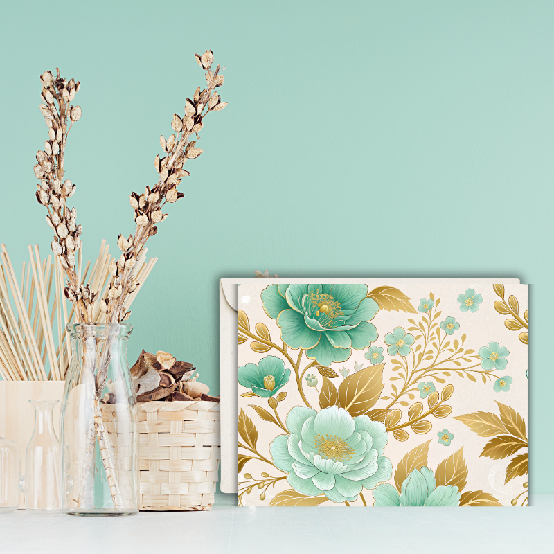 Elegant Teal & Gold Floral Notecard – Blank Inside – 5.5” x 4.25” with Envelope – Luxe Botanical Design