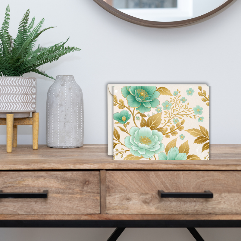 Elegant Teal & Gold Floral Notecard – Blank Inside – 5.5” x 4.25” with Envelope – Luxe Botanical Design
