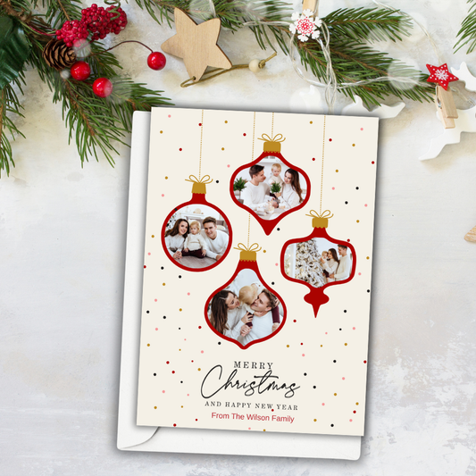Personalized 5x7 Merry Christmas Multi-Photo Ornament Cards – Custom One-Sided Flat Holiday Card with Envelopes – Family Keepsake Design – Set of 10 or 20
